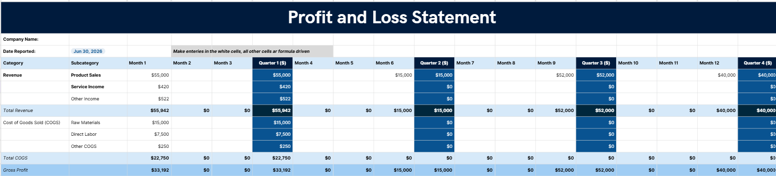 Profit & Loss Statement Template | Business Income & Expense Tracker | Gross Margin & Gross Profit Calculator | Instant Download