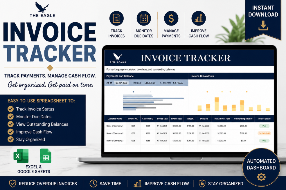 Invoice Tracker Excel Template | Accounts Receivable Spreadsheet | Invoice Payment Tracker | Small Business Finance Dashboard